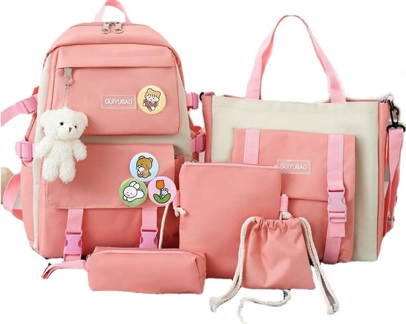 TRASSLE Backpack set 5Pcs Aesthetic School Bags backpack set with Pendant Lunch Bag,Pencil Case,Handbag,Coin Purse - Image 1